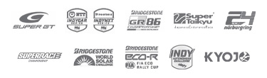 Logos of Super GT, Indycar Series, IndyNxt series, Bridgestone GR86 Championship, GR86 Cup, Super Taikyu, 24he Nurburgring, Superrace, Bridgestone Worlds Solar Challenge, Eco-R Rally Cup, and Indy Autonomous Challenge