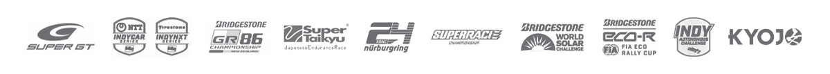 Logos of Super GT, Indycar Series, IndyNxt series, Bridgestone GR86 Championship, GR86 Cup, Super Taikyu, 24he Nurburgring, Superrace, Bridgestone Worlds Solar Challenge, Eco-R Rally Cup, and Indy Autonomous Challenge